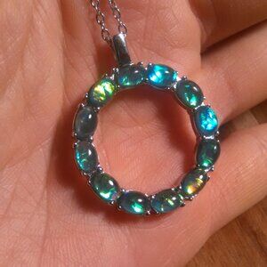 Green Color Simulated Opal Resin Stainless Steel Pendant Necklace